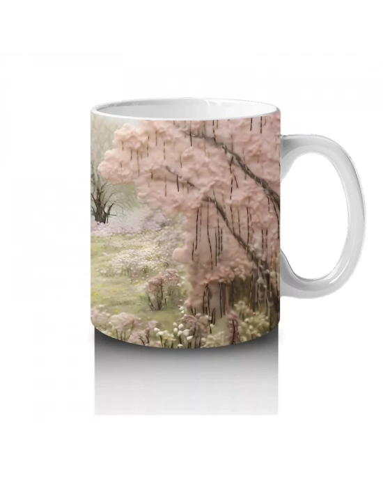 Sakura Ağaçları Arasında Yürüyen Gerçekçi At İllüstrasyonu - Baskılı kahve kupası