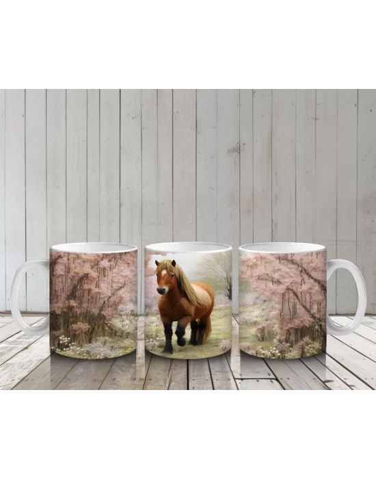 Sakura Ağaçları Arasında Yürüyen Gerçekçi At İllüstrasyonu - Baskılı kahve kupası