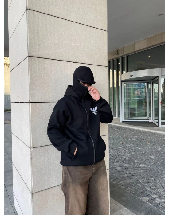 Samuray kapüşonlu ZIP Fermuarlı kapüşonlu SweatShirt - Siyah