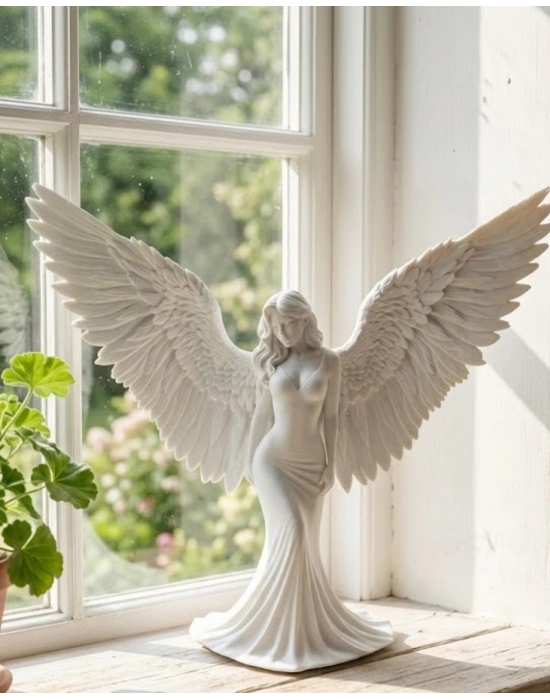 Sanatsal Melek Heykeli Kanatlı Kadın Figürlü 3D Dekoratif Biblo