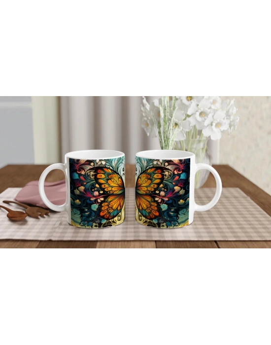 Sanatsal Soyut Kelebek ve Çiçek Dalgaları Baskılı Kupa Bardak