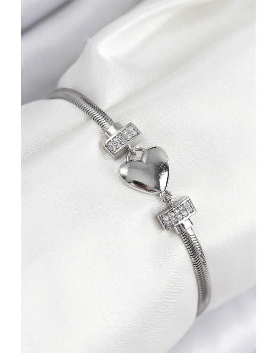 Pirinç Zirkon Taşlı Kalp Model Gümüş Renk Kadın Bileklik