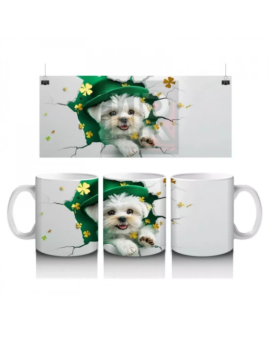 Şans Şapkası Takan Beyaz Yavru Köpek – Baskılı Kahve Kupası