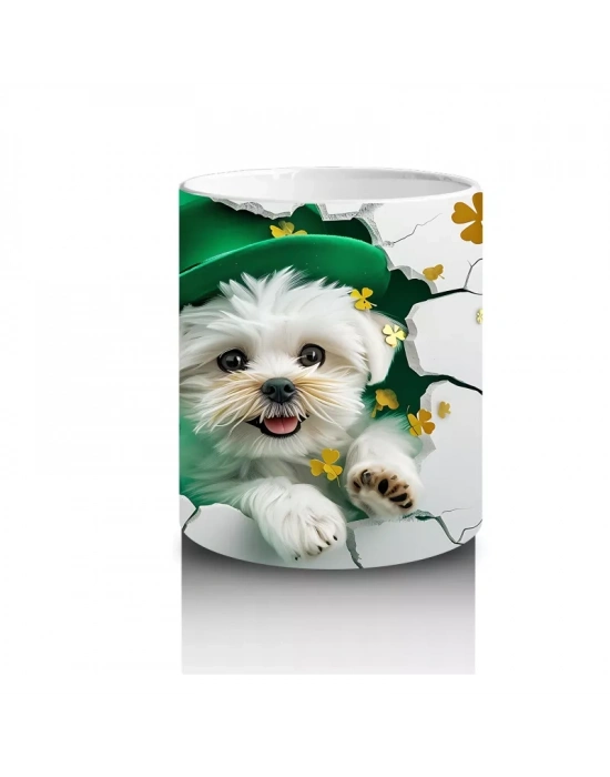 Şans Şapkası Takan Beyaz Yavru Köpek – Baskılı Kahve Kupası