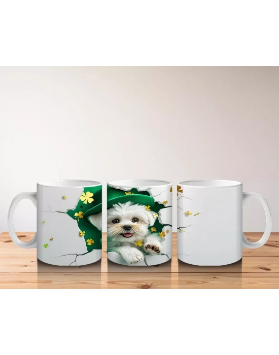 Şans Şapkası Takan Beyaz Yavru Köpek – Baskılı Kahve Kupası