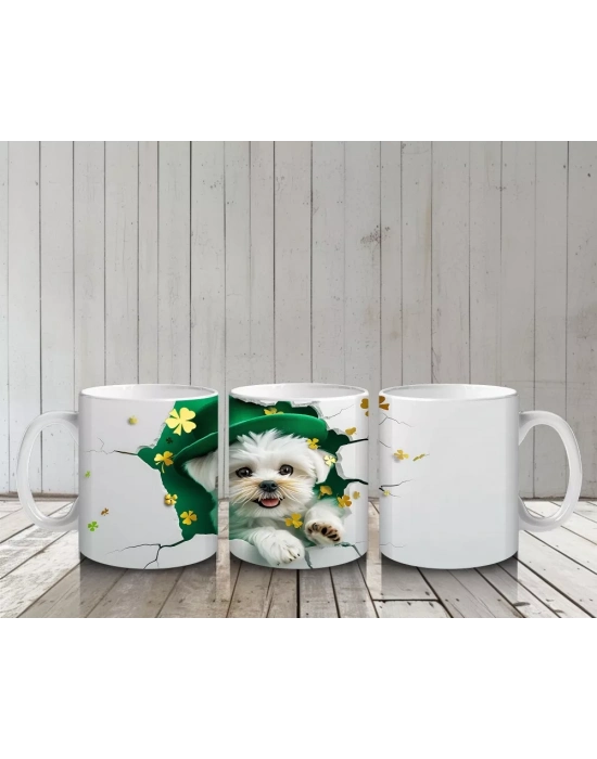 Şans Şapkası Takan Beyaz Yavru Köpek – Baskılı Kahve Kupası