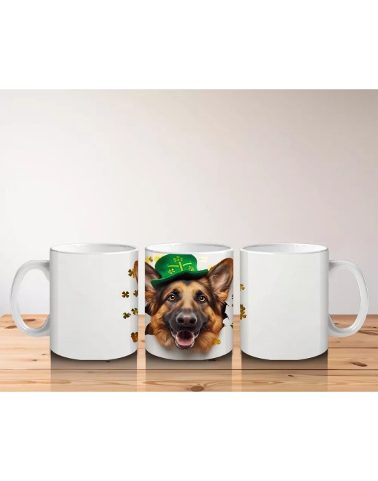 Şans Sembolleriyle Çevrili Leprechaun Alman Kurdu - Baskılı kahve kupası
