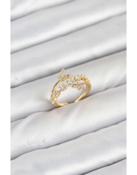 Pirinç Gold Renk Zirkon Taşlı Kelebek Model Kadın Yüzük