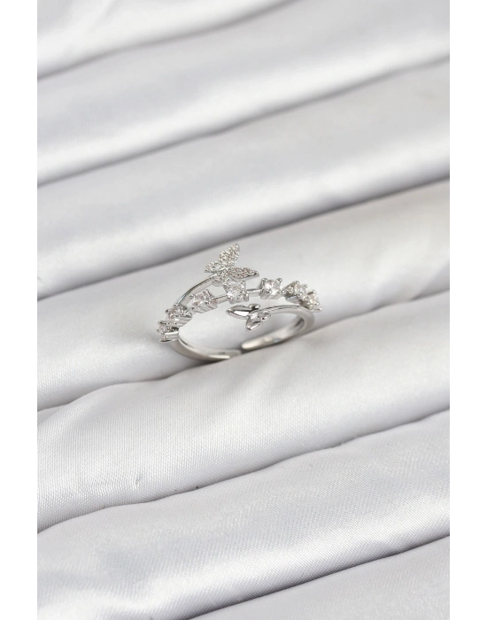 Pirinç Gümüş Renk Zirkon Taşlı Kelebek Model Kadın Yüzük