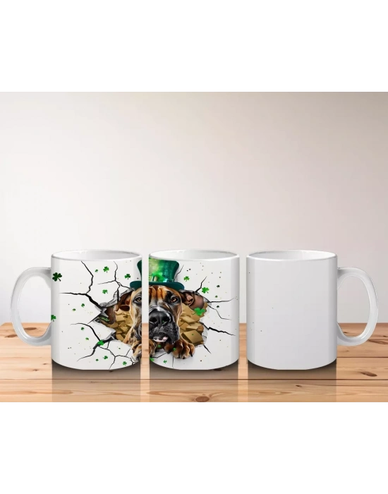 Şapkalı Boksör Köpek ve Yonca Teması – Baskılı Kahve Kupası