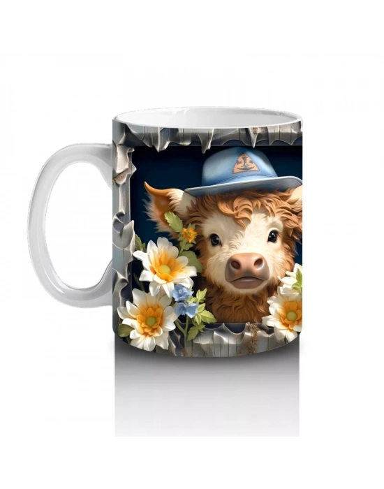 Şapkalı Çiçekli Sevimli İnek İllüstrasyonu - Baskılı kahve kupası