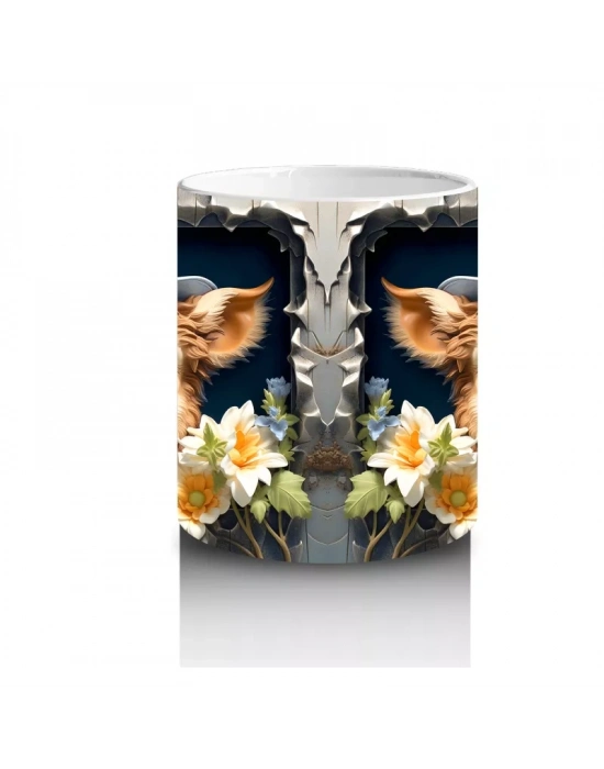 Şapkalı Çiçekli Sevimli İnek İllüstrasyonu - Baskılı kahve kupası