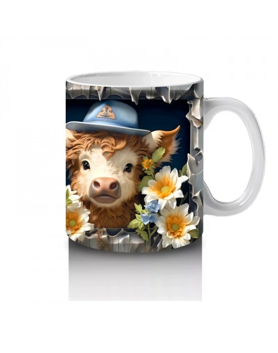 Şapkalı Çiçekli Sevimli İnek İllüstrasyonu - Baskılı kahve kupası