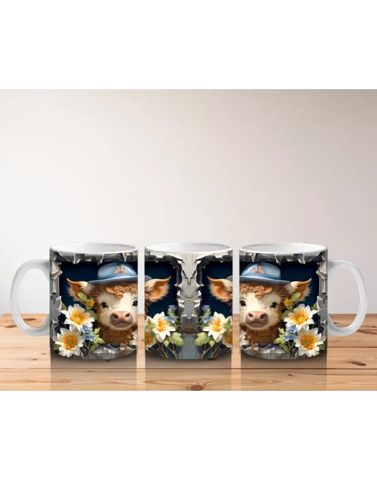 Şapkalı Çiçekli Sevimli İnek İllüstrasyonu - Baskılı kahve kupası