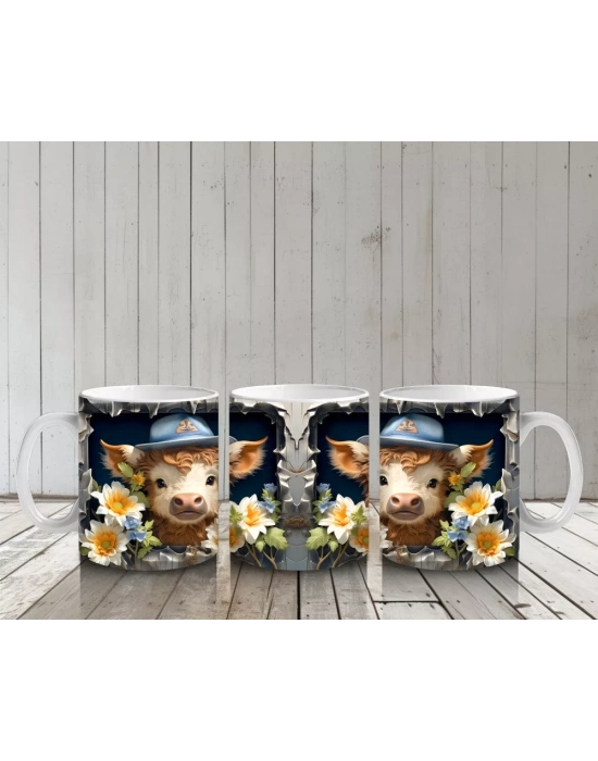 Şapkalı Çiçekli Sevimli İnek İllüstrasyonu - Baskılı kahve kupası