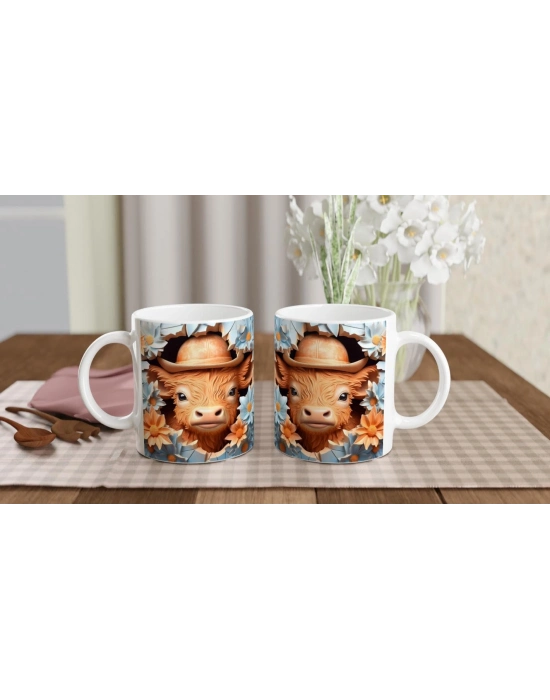 Şapkalı İkiz Buzağılar ve Çiçekler Temalı Baskılı Kupa Bardak