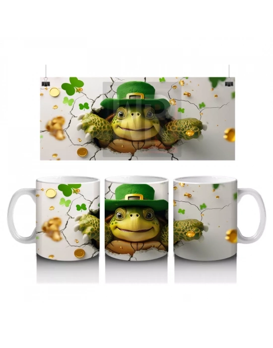 Şapkalı Kaplumbağa ve Yonca Desenleri – Baskılı Kahve Kupası