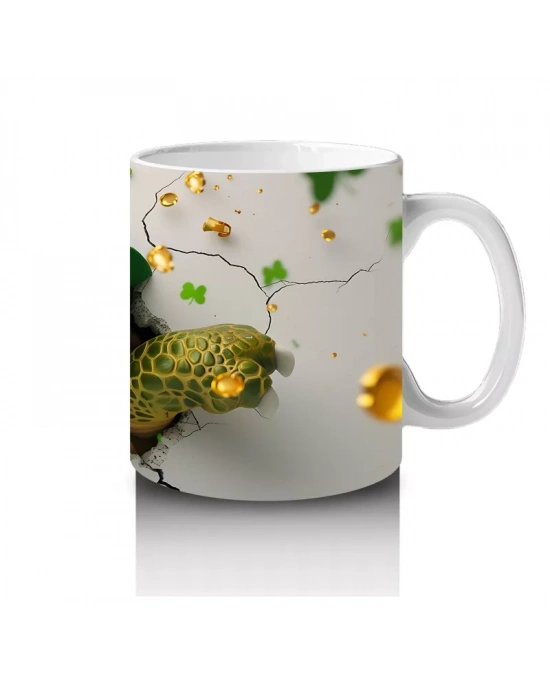 Şapkalı Kaplumbağa ve Yonca Desenleri – Baskılı Kahve Kupası