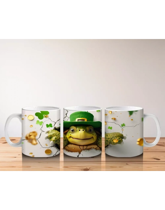 Şapkalı Kaplumbağa ve Yonca Desenleri – Baskılı Kahve Kupası