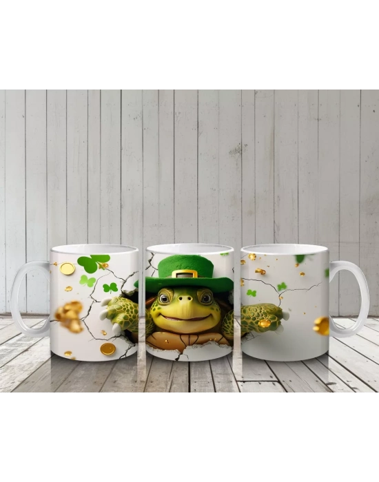 Şapkalı Kaplumbağa ve Yonca Desenleri – Baskılı Kahve Kupası