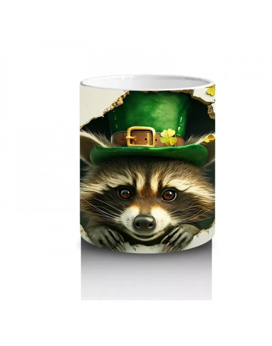 Şapkalı Rakun ve Yeşil Yonca Yaprakları – Baskılı Kahve Kupası