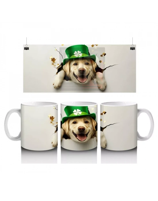 Şapkalı Sarı Köpek ve Yeşil Arka Plan – Baskılı Kahve Kupası