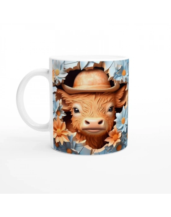 Şapkalı Sevimli Buzağı ve Çiçekler Temalı Baskılı Kupa Bardak