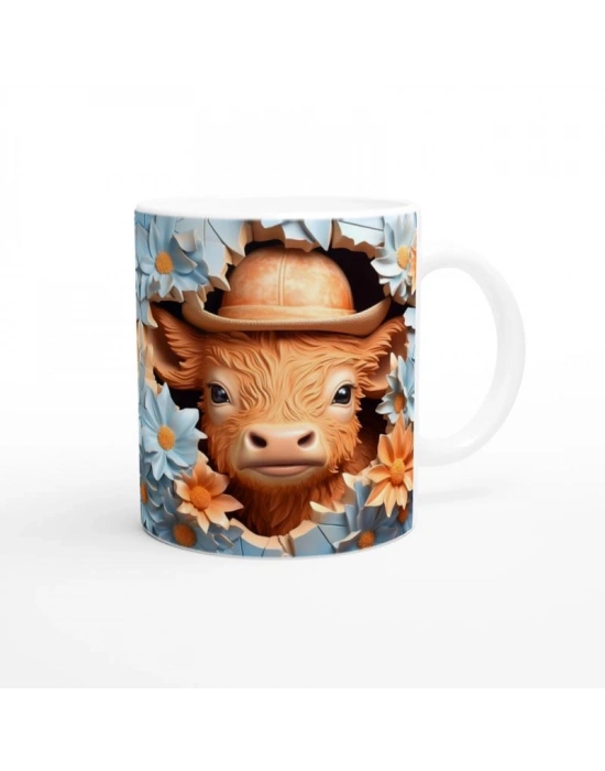 Şapkalı Sevimli Buzağı ve Çiçekler Temalı Baskılı Kupa Bardak