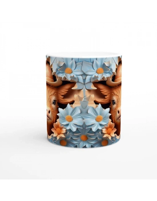 Şapkalı Sevimli Buzağı ve Çiçekler Temalı Baskılı Kupa Bardak