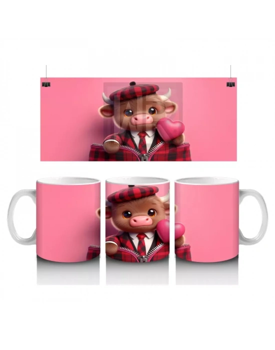 Şapkalı Sevimli Buzağı ve Pembe Kalpler – Baskılı Kupa Bardak