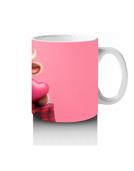 Şapkalı Sevimli Buzağı ve Pembe Kalpler – Baskılı Kupa Bardak