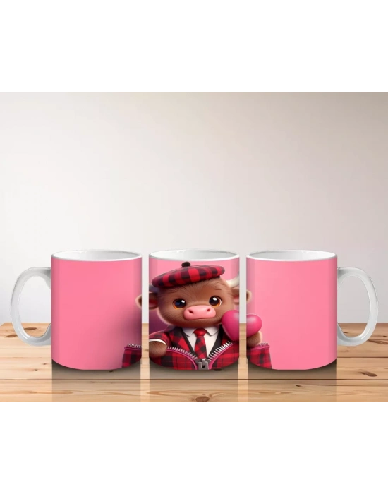 Şapkalı Sevimli Buzağı ve Pembe Kalpler – Baskılı Kupa Bardak