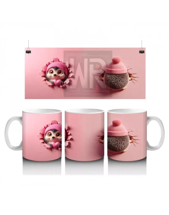 Şapkalı Tatlı Bebek Kirpi ve Peluş – Baskılı Kahve Kupası