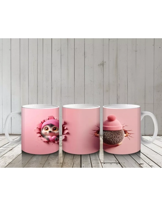 Şapkalı Tatlı Bebek Kirpi ve Peluş – Baskılı Kahve Kupası