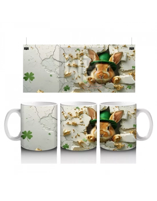 Şapkalı Tavşan ve Yonca Süsleri – Baskılı Kahve Kupası