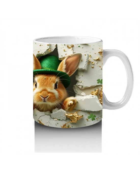 Şapkalı Tavşan ve Yonca Süsleri – Baskılı Kahve Kupası