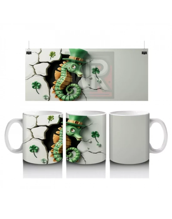 Şapkalı Yeşil Timsah ve Yonca Yaprakları – Baskılı Kahve Kupası