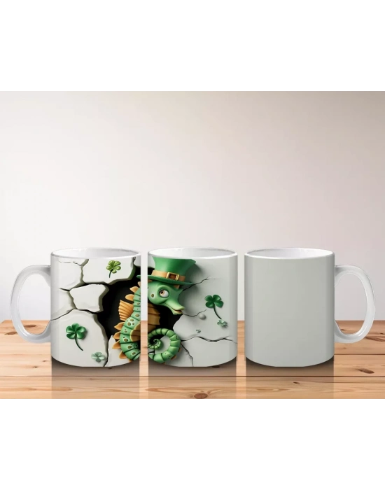 Şapkalı Yeşil Timsah ve Yonca Yaprakları – Baskılı Kahve Kupası