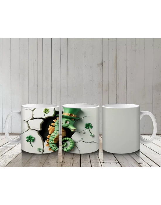 Şapkalı Yeşil Timsah ve Yonca Yaprakları – Baskılı Kahve Kupası