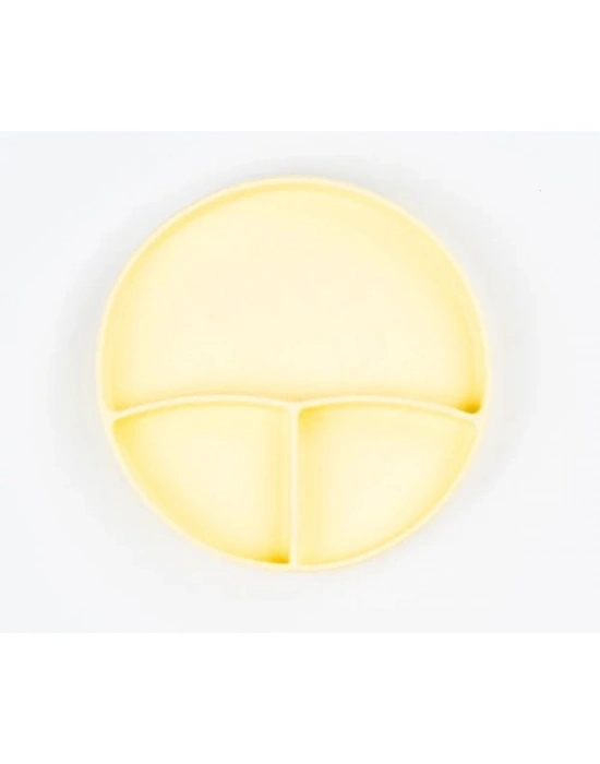 Sarı 3’lü Silikon Yemek Seti – Önlük + Diş Kaşıyıcılı Kaşık + Vakumlu Tabak