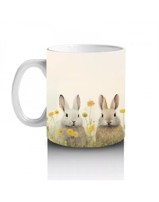 Sarı Çiçekler Arasında Sıralanmış Tavşanlar – Baskılı Kahve Kupası