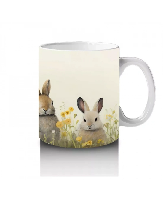 Sarı Çiçekler Arasında Sıralanmış Tavşanlar – Baskılı Kahve Kupası