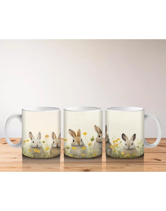 Sarı Çiçekler Arasında Sıralanmış Tavşanlar – Baskılı Kahve Kupası