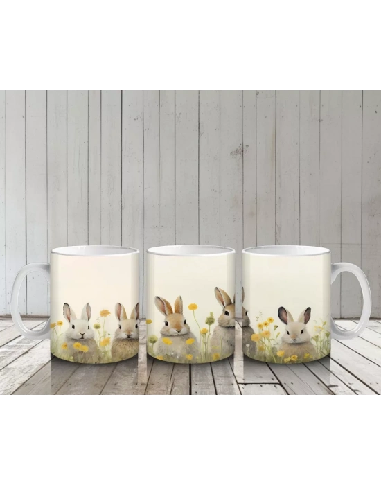 Sarı Çiçekler Arasında Sıralanmış Tavşanlar – Baskılı Kahve Kupası