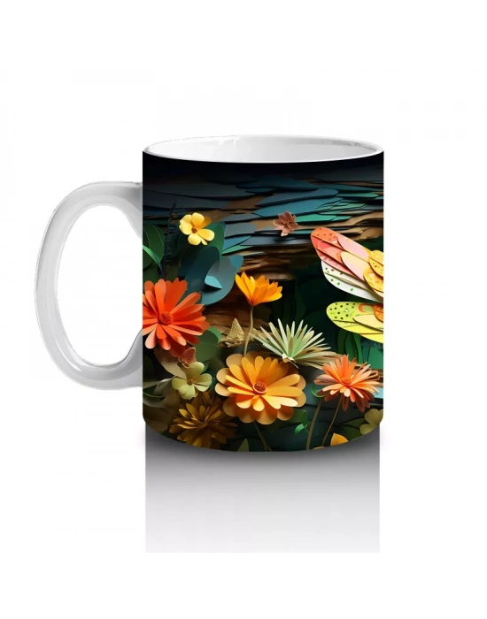 Sarı Çiçeklerle Bezeli Suda Yansıyan Yusufçuk Deseni - Baskılı kahve kupası