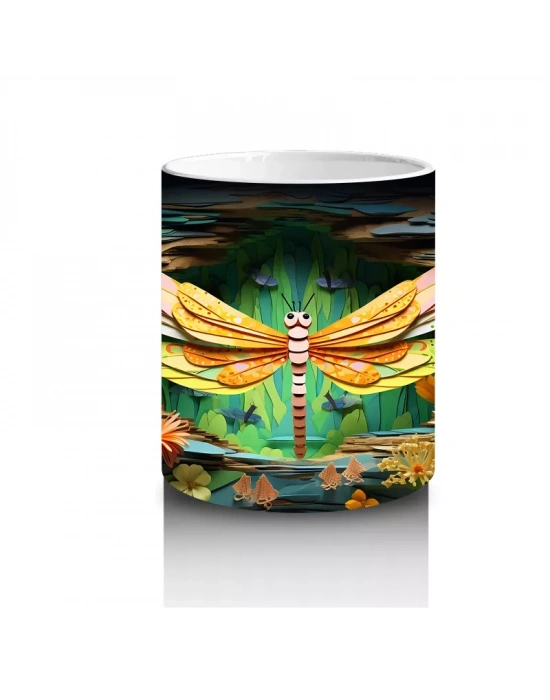 Sarı Çiçeklerle Bezeli Suda Yansıyan Yusufçuk Deseni - Baskılı kahve kupası