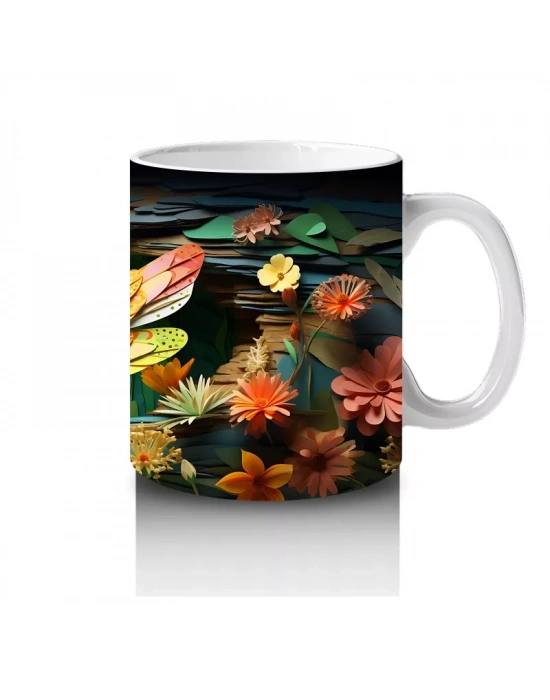 Sarı Çiçeklerle Bezeli Suda Yansıyan Yusufçuk Deseni - Baskılı kahve kupası