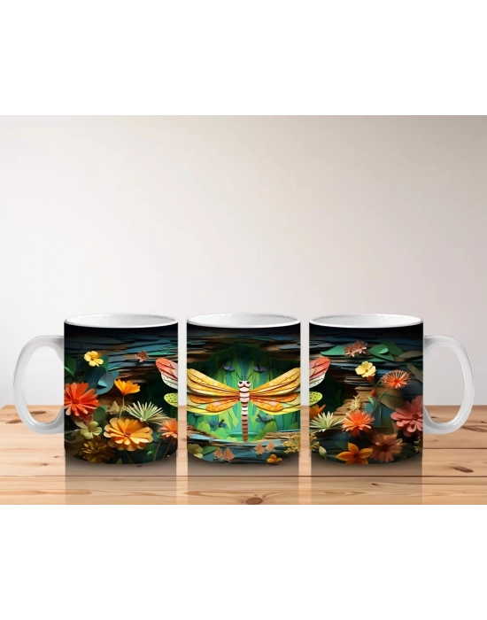 Sarı Çiçeklerle Bezeli Suda Yansıyan Yusufçuk Deseni - Baskılı kahve kupası