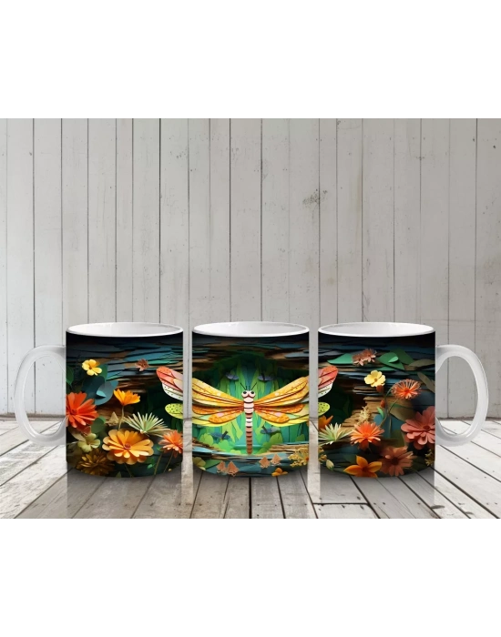 Sarı Çiçeklerle Bezeli Suda Yansıyan Yusufçuk Deseni - Baskılı kahve kupası