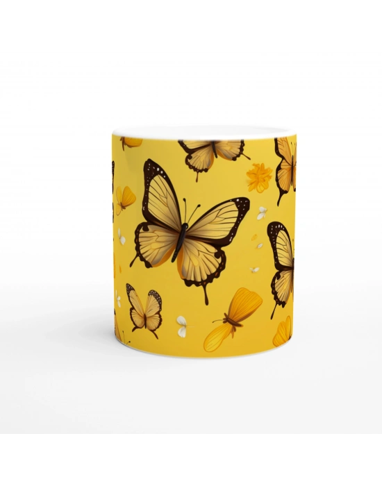 Sarı Fon Üzerinde Uçuşan Neşeli Kelebekler Temalı Baskılı Kupa Bardak